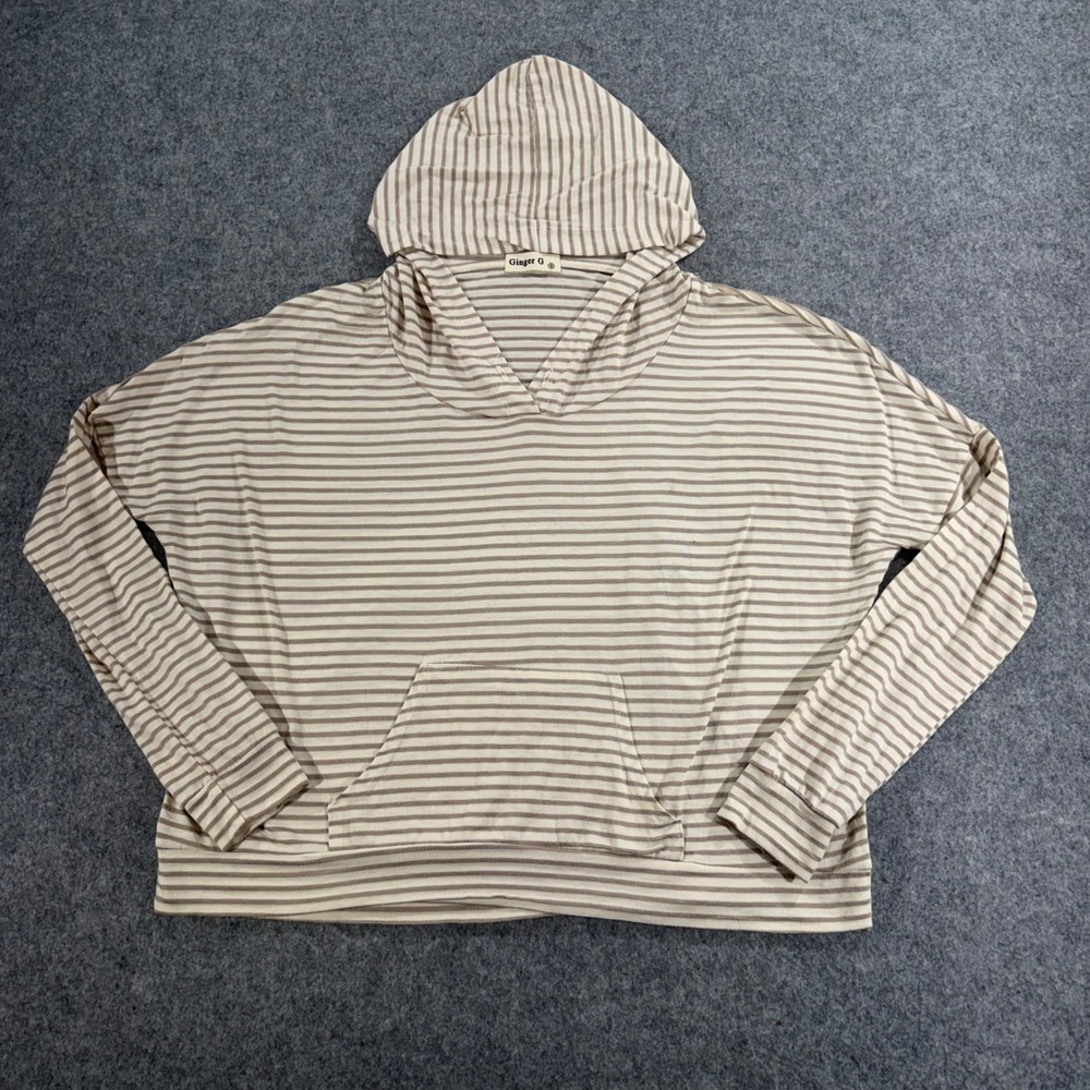 Ginger G Womens Tan White Striped Long Sleeve Kangaroo Pocket Hoodie Small